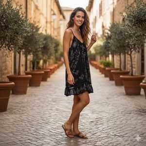 Free People FP One Boho Black Floral Lace Trim Mini Dress Fringe Spring Summer